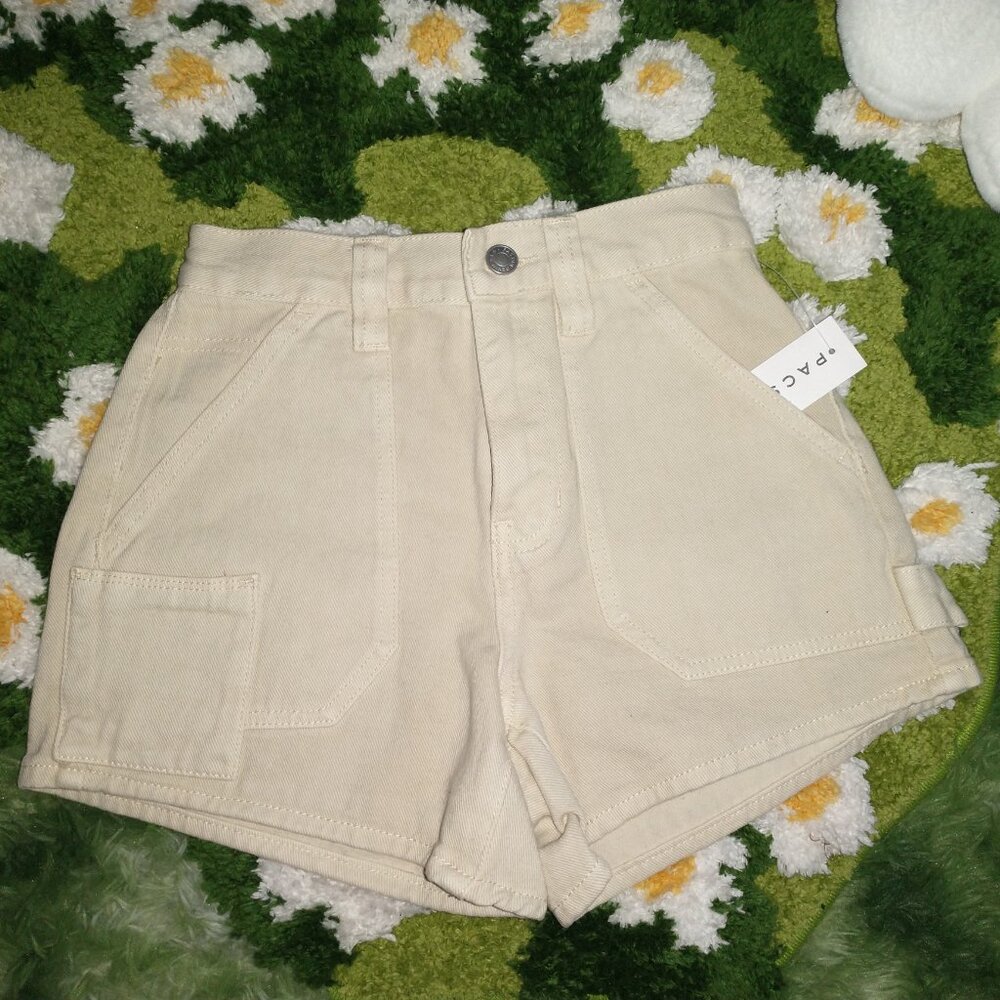 High-waist Carpenter Shorts, Denim/Cream